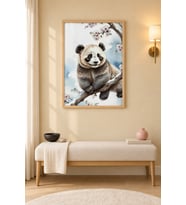 Karlı Dalda Panda Beyaz Çiçekler Ahşap Çerçeveli Duvar Tablosu