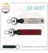Otomobile İsim Plaka ve B Rh (-) Kan Grubu Yazılı Kişiye Özel x2 Anahtarlık Set, Kırmızı-Pudra-Laci (Çok Renkli)