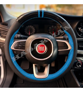 Fiat Egea Hatchback Dikme Direksiyon Kılıfı Parlak Siyah Mavi Detaylı Mavi Çift Yüzük ve Dikiş 2016-2021