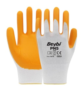 Beybi Nitril PMK PN5 Beyaz Sarı Örme Polyoster Nitril 10 Beden 12li Paket EN388 (3121X)