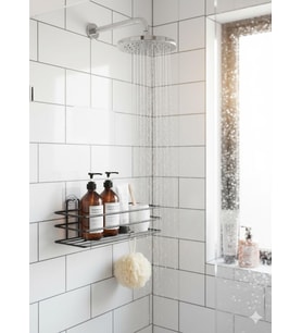 Yapışkanlı Siyah Banyo ve Mutfak Rafı – Tek Katlı Düz Şampuanlık ve Baharatlık, Delmeden Montaj, Matkap Vida Gerektirmeyen Su Geçirmez Duvar Organizeri (1 Adet)