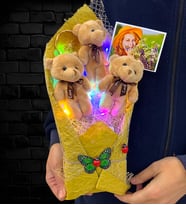 Renkli Led Işıklı Kişiye Özel Fotoğraflı Kahve Ayıcıklı Peluş Ayıcık Buketi (Model 2)