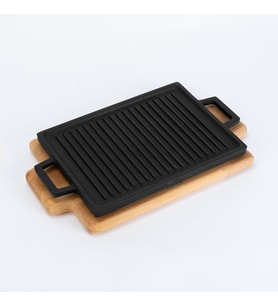 Lava Döküm Dikdörtgen Çift Yön Izgara ve Düz Yüzey Hot Plate Kayın Servis Ahşabı Ölçü 22x15cm.