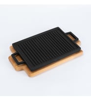 Lava Döküm Dikdörtgen Çift Yön Izgara ve Düz Yüzey Hot Plate Kayın Servis Ahşabı Ölçü 22x15cm.