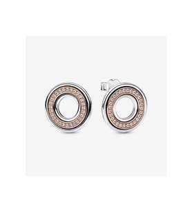 Pandora Tarzı Signature İki Renkli Logo ve Pavé Çivi Küpeler (Rose)