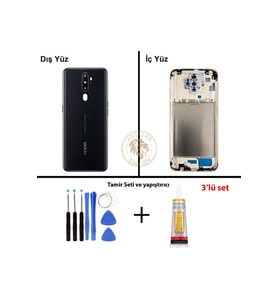 Oppo A5 2020 Siyah Uyumlu Lensli Orta Kasa + Yapıştırıcı ve Vida Seti Full Kasa Kapak Gövde Housing