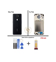 Oppo A5 2020 Siyah Uyumlu Lensli Orta Kasa + Yapıştırıcı ve Vida Seti Full Kasa Kapak Gövde Housing