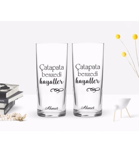 BK Gift Kişiye Özel Renkli Baskılı Çatapata Benzedi Hayaller Tasarımlı İkili Rakı Bardağı Seti-1 (Beyaz)
