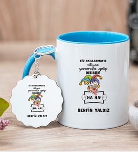Kişiye Özel Biz Akıllanmayız Tasarım Esprili  Mavi Kupa Bardak ve Anahtarlık