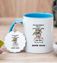 Kişiye Özel Biz Akıllanmayız Tasarım Esprili  Mavi Kupa Bardak ve Anahtarlık