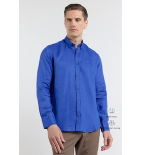 Saks Keten Düğmeli Yaka Uzun Kol Slim Fit %100 Keten Gömlek 1004260161