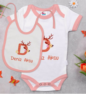 BK Kids Kişiye Özel Harfli Pembe Bebek Body Zıbın ve Mama Önlüğü Hediye Seti-2