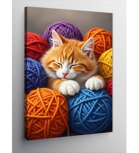 Kanvas Tablo İp Yumağında Yatan Kedi