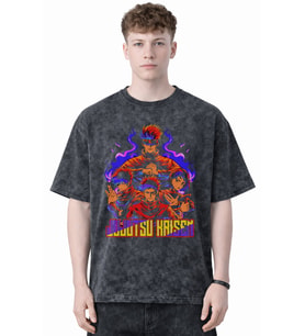 Tasarım Jujutsu Kaisen Karakterler Anime Baskılı Unisex Oversize Eskitme Yıkamalı Tişört