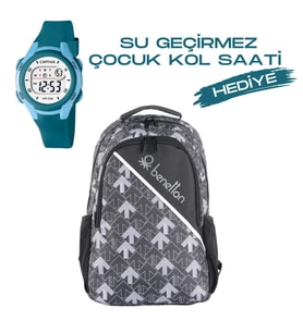 Çocuk Kol Saati Hediyeli Benetton Büyük Kapasiteli Çocuk Okul Çantası B.NT.037039 (Siyah)