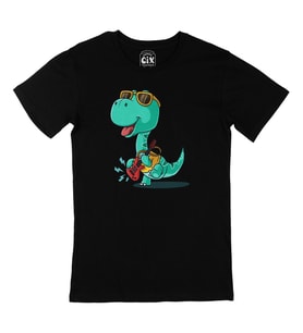Gitarlı Dinozor Siyah Tişört