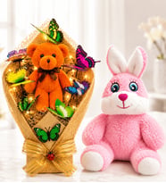 Peluş Tavşan ve LED Işıklı Turuncu Peluş Ayıcıklı Renkli Kelebek Buketi Sevgiliye Doğum Günü Hediyesi