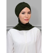 Haki Pratik Hazır Geçmeli Tesettür Bone Sandy Kumaş Taçlı Büzgülü Şifon Atkılı 1208A_09