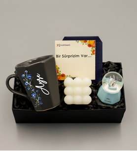 Kişiye Özel Gri Kupa & Bubble Mum & Mavi Küre