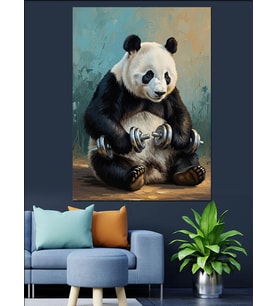 Ağırlık Kaldıran Güçlü Panda Figürü Dekoratif Kanvas - Mdf Ahşap Tablo