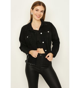 Kadın Düğmeli Etek Ucu Püsküllü Crop Denim Ceket (Siyah)