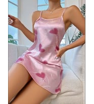 Fantezia Night Kadın Pembe Saten Askılı fuşya kalp Desen baskılı Gecelik 2217