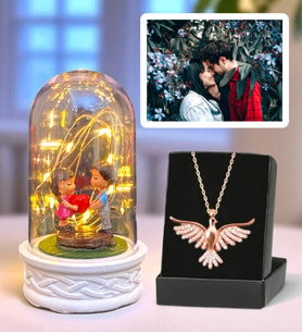 Kişiye Özel Fotoğraflı Premium Set - Led Işıklı Biblolu Fanus ve Zümrüdü Anka Kuşu Kolyesi (Model 7)