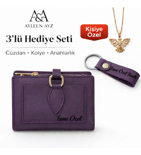 AYLEEN AYZ Kişiye Özel Kadın 3'lü Hediye Seti - Anka Kuşu Kolye İsme Özel Deri Cüzdan ve Anahtarlık (Mor)