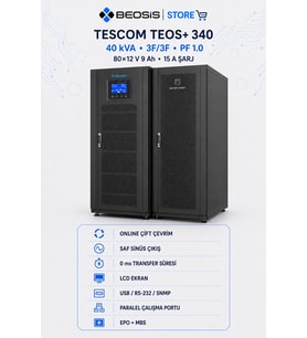 TESCOM TEOS+ 340 Online UPS – 40 kVA / 40 kW – 3F/3F – 80×12 V 9 Ah – 15 A Şarjlı