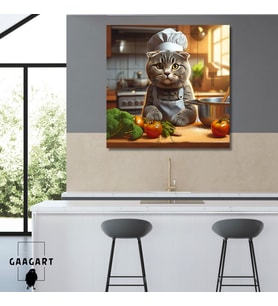 Kare Kanvas Mutfak Tablosu Aşçı Hayvanlar Gri Scottish Fold