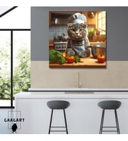 Kare Kanvas Mutfak Tablosu Aşçı Hayvanlar Gri Scottish Fold