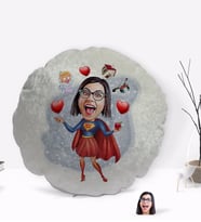 BK Gift Kişiye Özel Süper Anne Karikatürlü Yuvarlak Dekoratif Kırlent Yastık-1