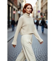 Kadın Oversize Super Crop Balıkçı Yaka Uzun Kollu Akrilik Triko Kazak Kışlık Günlük Şıklık