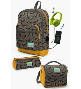 Coral High Kids Koyu Gri Hardal Yarasa Desenli USB'li 3’lü Okul Çanta Seti - Erkek Çocuk
