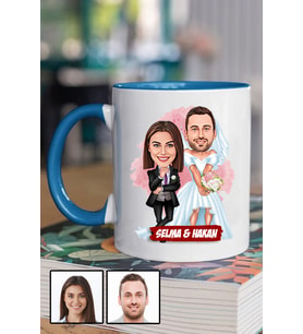 Çiftlere Özel Komik Hediye Gelin Damat Karikatürlü Mavi Kupa Bardak