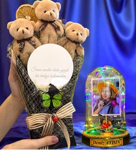 Kişiye Özel Renkli Led Işıklı Biblolu Fanus ve Aynalı Kahverengi Peluş Ayıcık Buketi (Model 6)