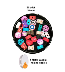 30 Adet 10 mm Polimer Kil Fimo Boncuk Takı Bileklik + 1 Metre Lastikli Misina Hediye - Karışık Renkl