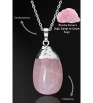 Sertifikalı Tamburlanmış Pembe Kuvars Taşı Kolye (Çok Renkli)