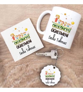 Okul Öncesi Öğretmeni Kupa Bardak Altlık ve Anahtarlık Hediye Seti (Model 1)