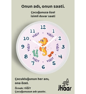 İsme Özel Sevimli Denizatı Çocuk Odası Duvar Saati Orta Boy 30 cm Beyaz Camlı Sessiz
