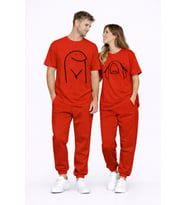 Sevgili Kombini Çift Tişört Oversize Unisex Matching Couple Minimal Çizim Tasarım Çift Kombin Seti (Kırmızı)