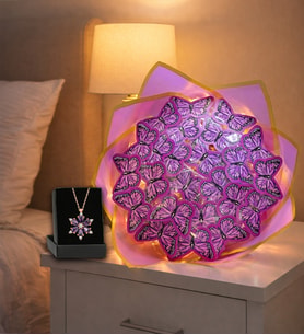 Led Işıklı Mor Kelebek Buketi Ve Lotus Kamelya Çiçeği Kolye Sevgililer Günü Hediyesi