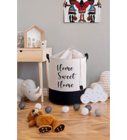 Beyaz Kumaş Fileli Home Sweet Home Baskılı Çok Amaçlı, Dekoratif Oyuncak Sepet