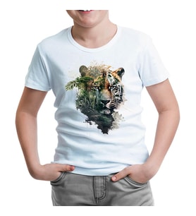 Tiger Head with Jungle Exposure Beyaz Çocuk Tshirt