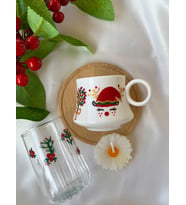 El yapımı kişiye özel Noel baba Yılbaşı kahve fincanı ve su bardağı, mum hediyeli Yılbaşı hediye seti (Yılbaşı Kırmızısı)