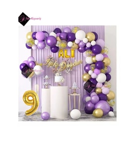 3 Harf İsimli 9 Yaş Macaron Mor Balon Zinciri Seti Gölge Mor Altın Balon Dekorasyon