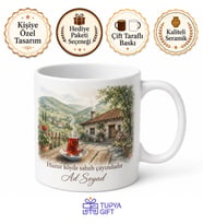 Köyde Sabah Çayı Temalı Baskılı Kupa Bardak Hediye Porselen Mug