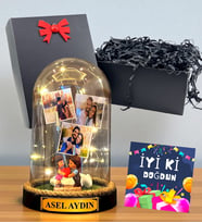 Kişiye Özel 3 Fotoğraflı Yazılı Led Işıklı Fanus - Doğum Günü Hediyesi İyi Ki Doğdun (Model 10)