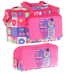 Kaukko (L7229+L8229) Beslenme Çantası (Isı Yalıtımlı) ve Kalem Çantası (Üç Bölme) Seti - Kız Çocuk - Pembe Kırmızı Love Desenli