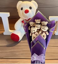 Premium 35 cm Peluş Ayı ve Premium Yumoş MOR Peluş Ayıcık Buketi (Beyaz)
